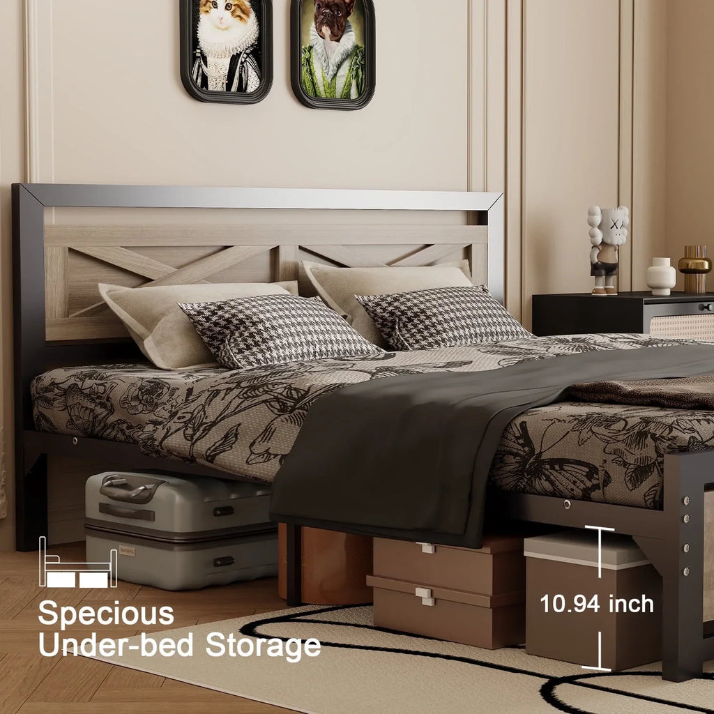 Behost Twin Bed Frame with Headboard and Underbed Storage, Metal Wood Platform Bed Frame Twin, No Box Spring Needed