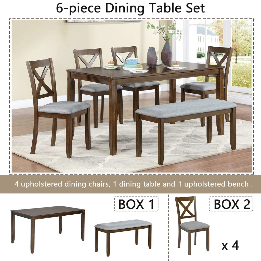 Dining Room Set, LEGAHOME 6 Piece Dining Sets with Bench and Chairs, Solid Wood Kitchen Dining Table Set for 6 with Upholstered Chairs, Gray