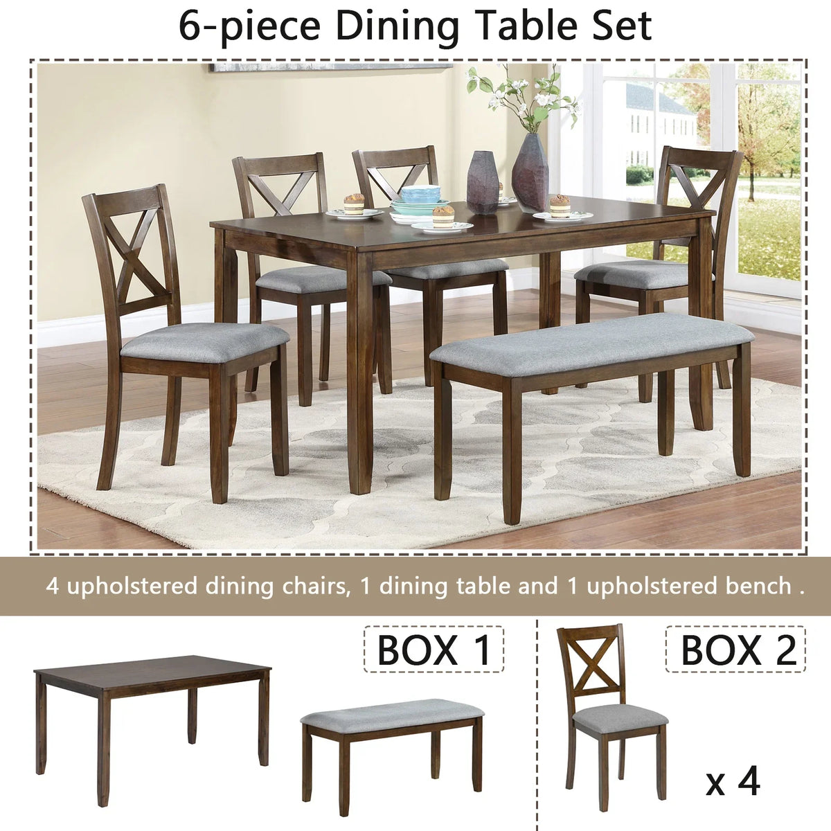 Dining Room Set, LEGAHOME 6 Piece Dining Sets with Bench and Chairs, Solid Wood Kitchen Dining Table Set for 6 with Upholstered Chairs, Gray