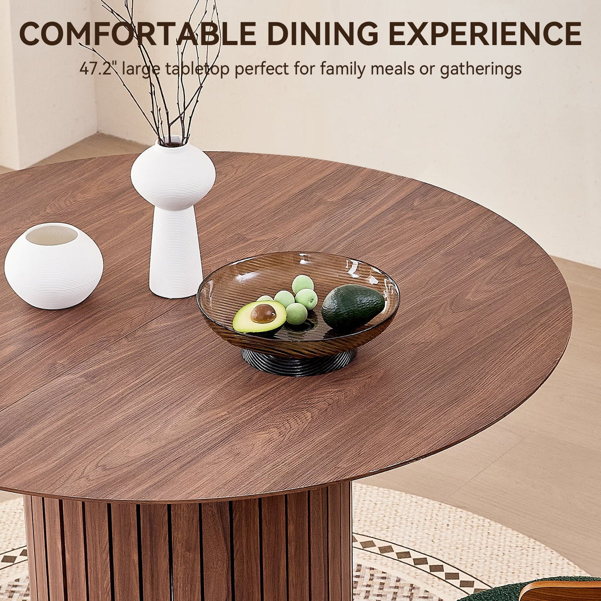 47 inches Modern Round Dining Table, Wood Kitchen Table for 4 with Two-part Tabletop and Wooden Strip Columns Base, Farmhouse Table for Kitchen, Dinning Room, Oak