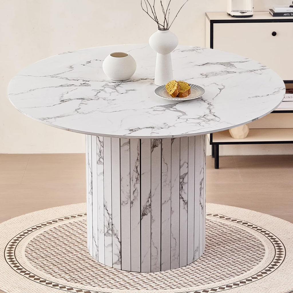 47 inches Modern Round Dining Table, Wood Kitchen Table for 4 with Two-part Tabletop and Wooden Strip Columns Base, Farmhouse Table for Kitchen, Dinning Room, Oak