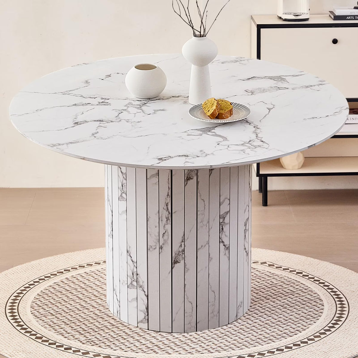 47 inches Modern Round Dining Table, Wood Kitchen Table for 4 with Two-part Tabletop and Wooden Strip Columns Base, Farmhouse Table for Kitchen, Dinning Room, Oak