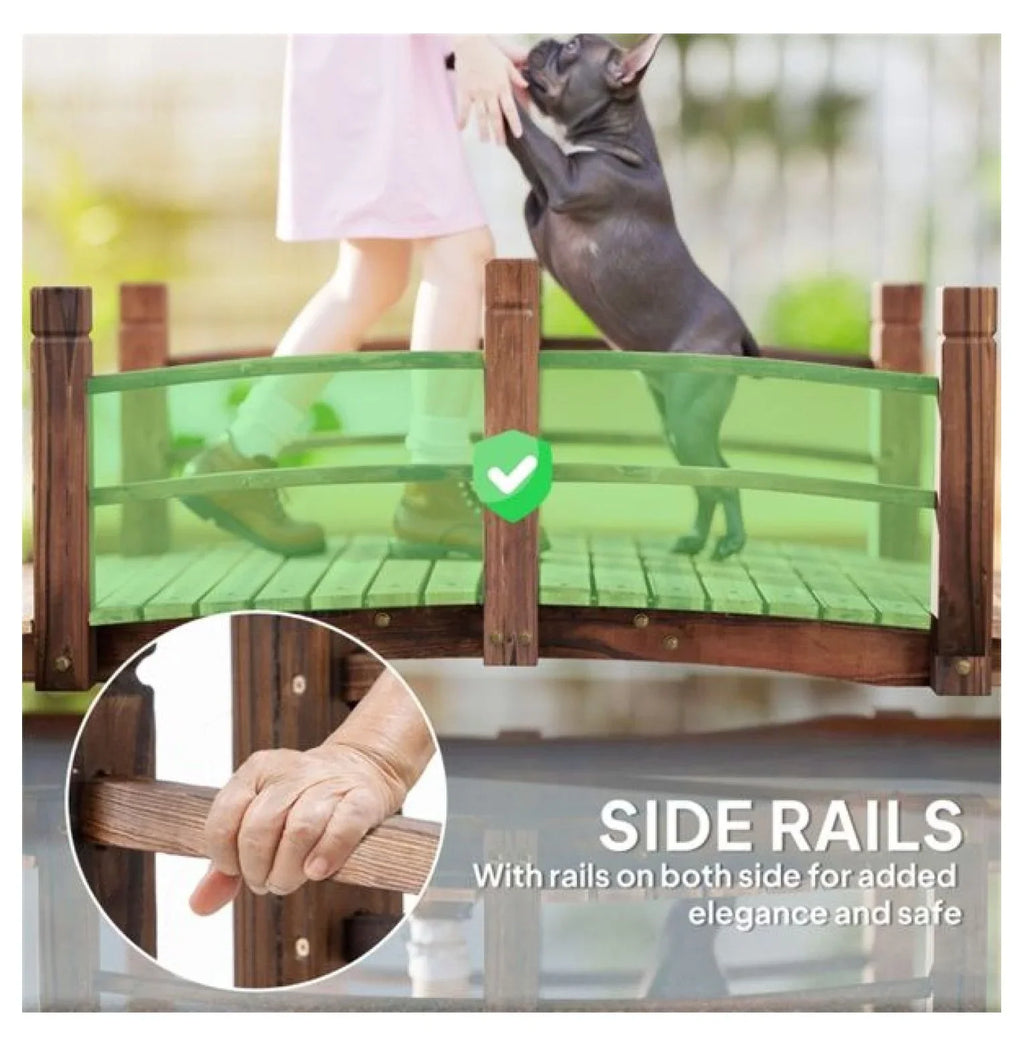 Wooden Garden Bridge Arc Footbridge 5ft - Stained Fir Wood Outdoor Decorative Bridge - Landscape Pathway Bridge with Rails - Garden Pond Bridge