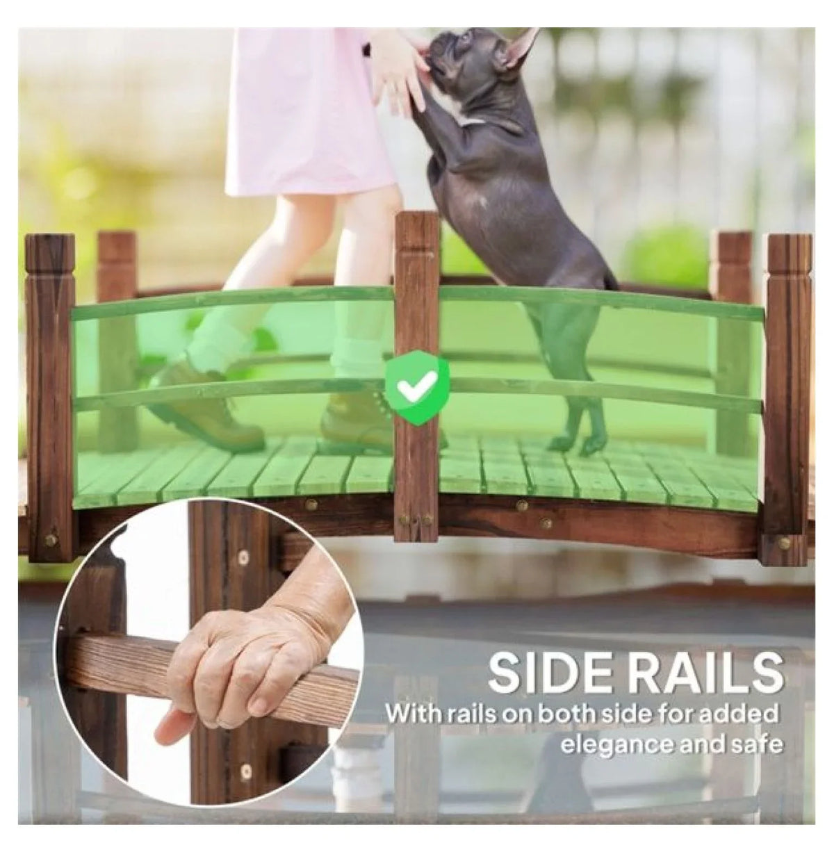 Wooden Garden Bridge Arc Footbridge 5ft - Stained Fir Wood Outdoor Decorative Bridge - Landscape Pathway Bridge with Rails - Garden Pond Bridge