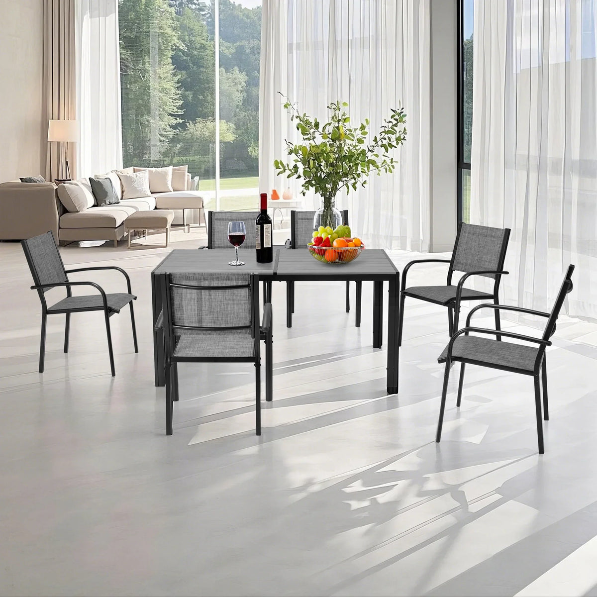 Seizeen 7-Piece Outdoor Table and Chairs, Patio Table Set with 6 Rattan Chairs, All-weather Outdoor Patio Dining Sets Rectangular Metal Table with Acacia Wood Top, Umbrella Hole, Gray