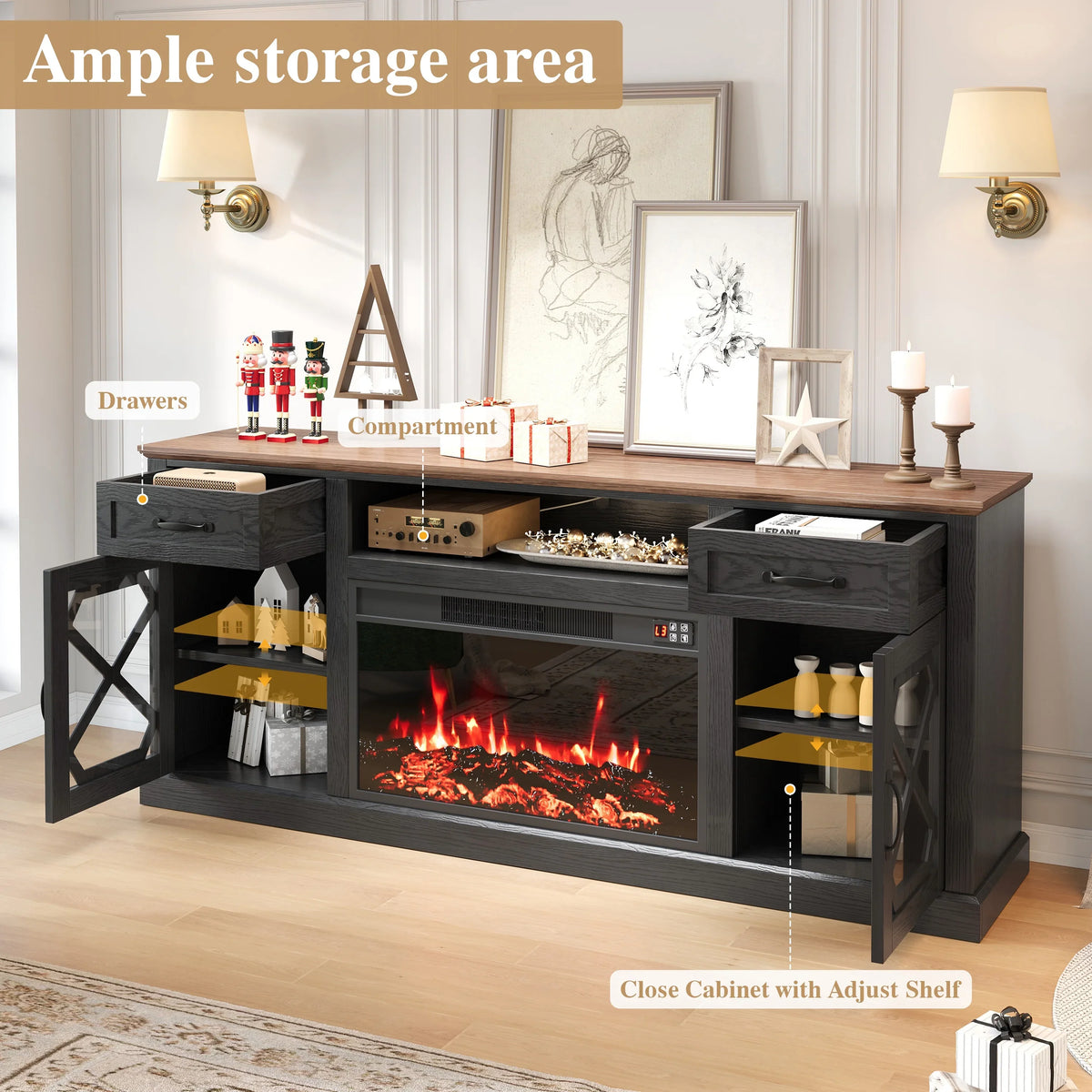PAPROOS Fireplace TV Stand for 65 Inch TV, Modern Farmhouse TV Cabinet with 23'' Electric Fireplace, Entertainment Center Television Console Table for Living Room, Black+Brown