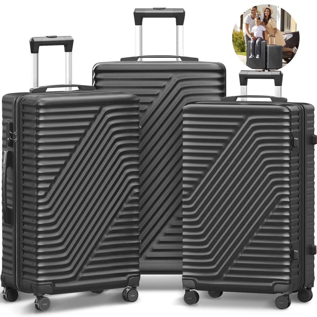 SUGIFT 3 Piece Luggage Sets, 20/24/28 inch Suitcase Sets with Spinner Wheels, Hardside Luggage Set, Dark Black