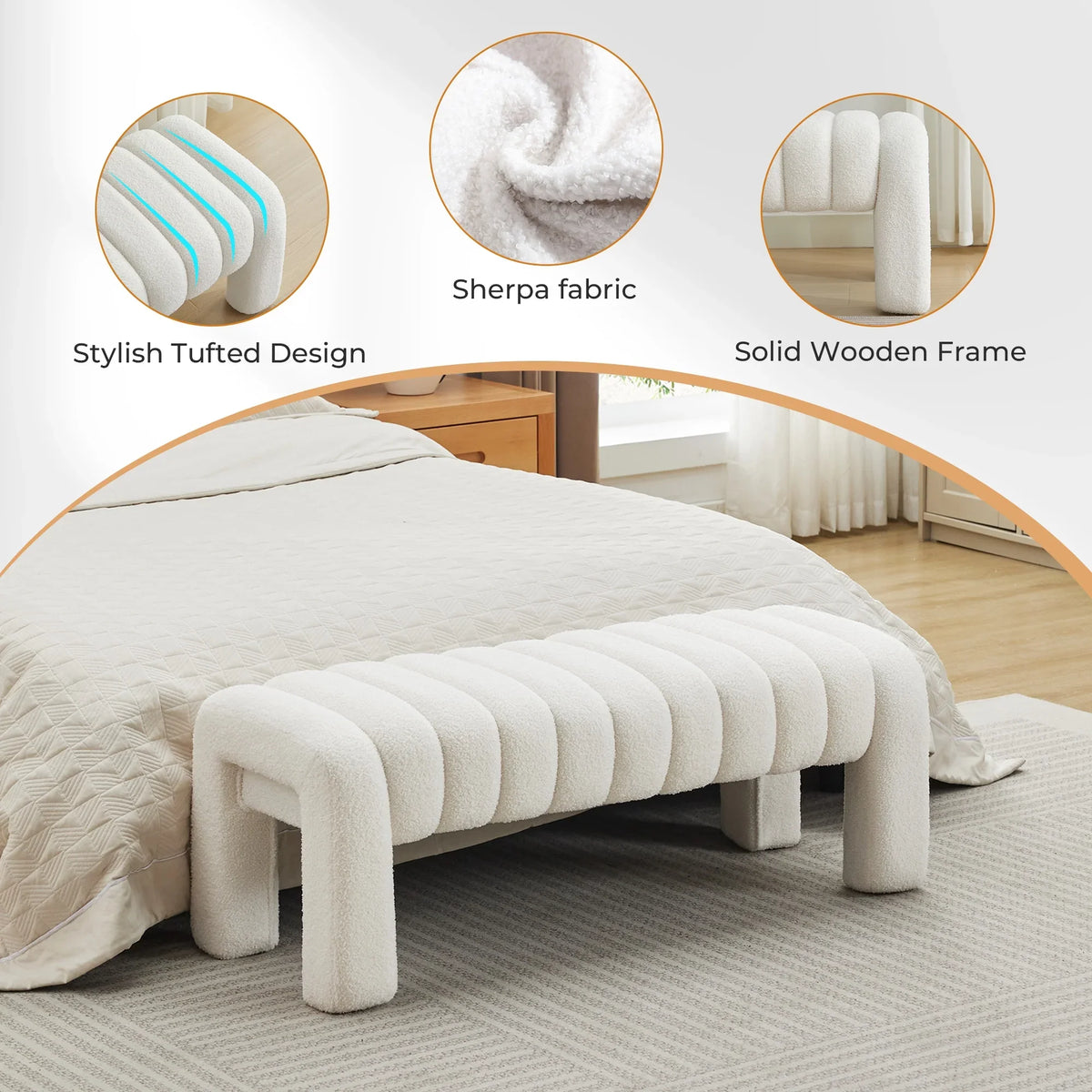 Zesthouse 63" End of Bed Bench, Linen Tufted Upholstered Ottoman Bench with Padded Seat and Solid Wood Leg, Modern Entryway Bench for Bedroom, Living Room, Beige