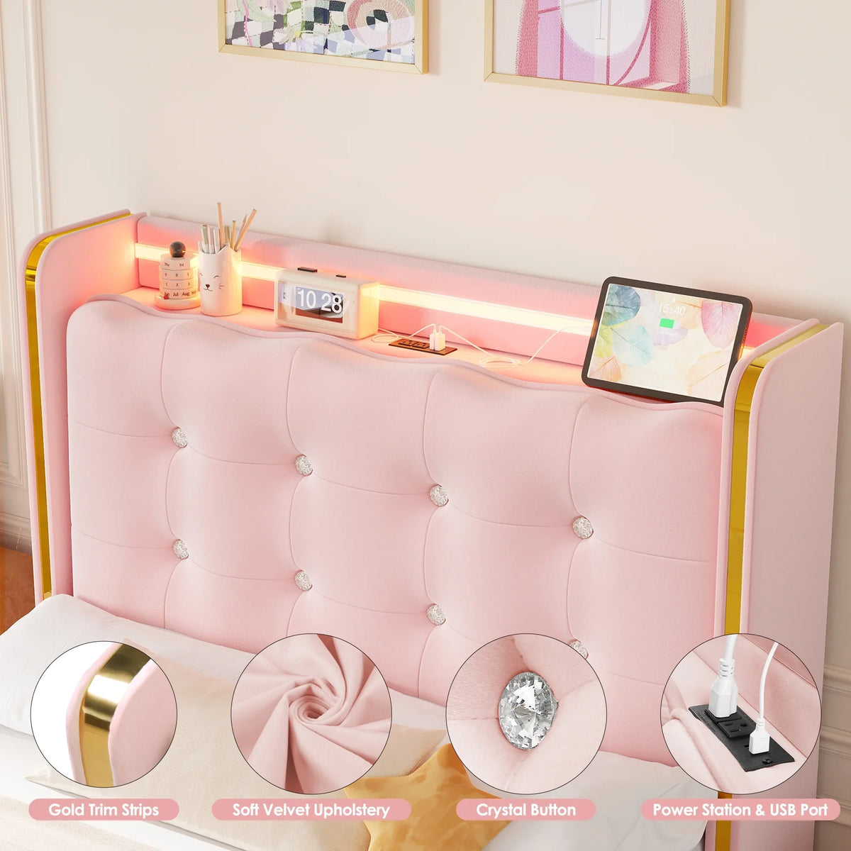 Homfa Twin Size LED Bed Frame with Drawer, Velvet Crystal Button Upholstered Platform Bed Frame with Outlets and USB Ports & Display Platform, No Box Spring Needed, Pink
