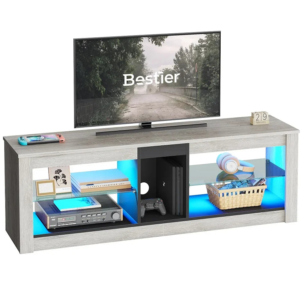 Bestier Entertainment Center with LED Lights TV Stand Media Console Table for TVs up to 60" in Light Grey