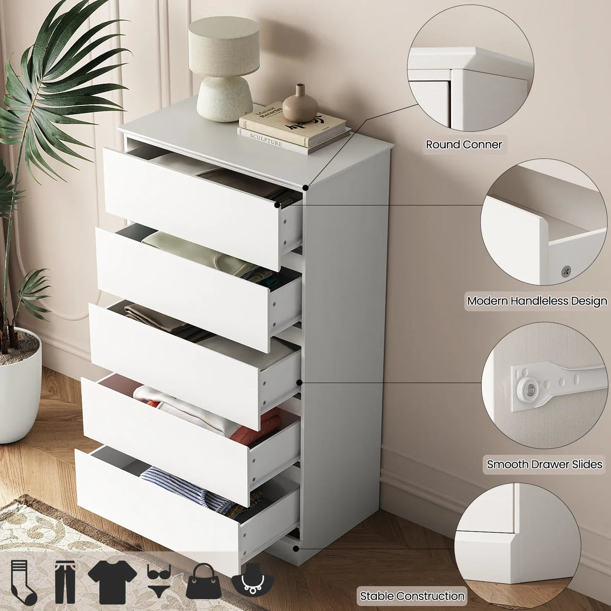 2 PCS Dresser for Bedroom, 5 Drawer Dresser Black Chest of Drawers for Living Room Dressing Room Entryway -2PCS
