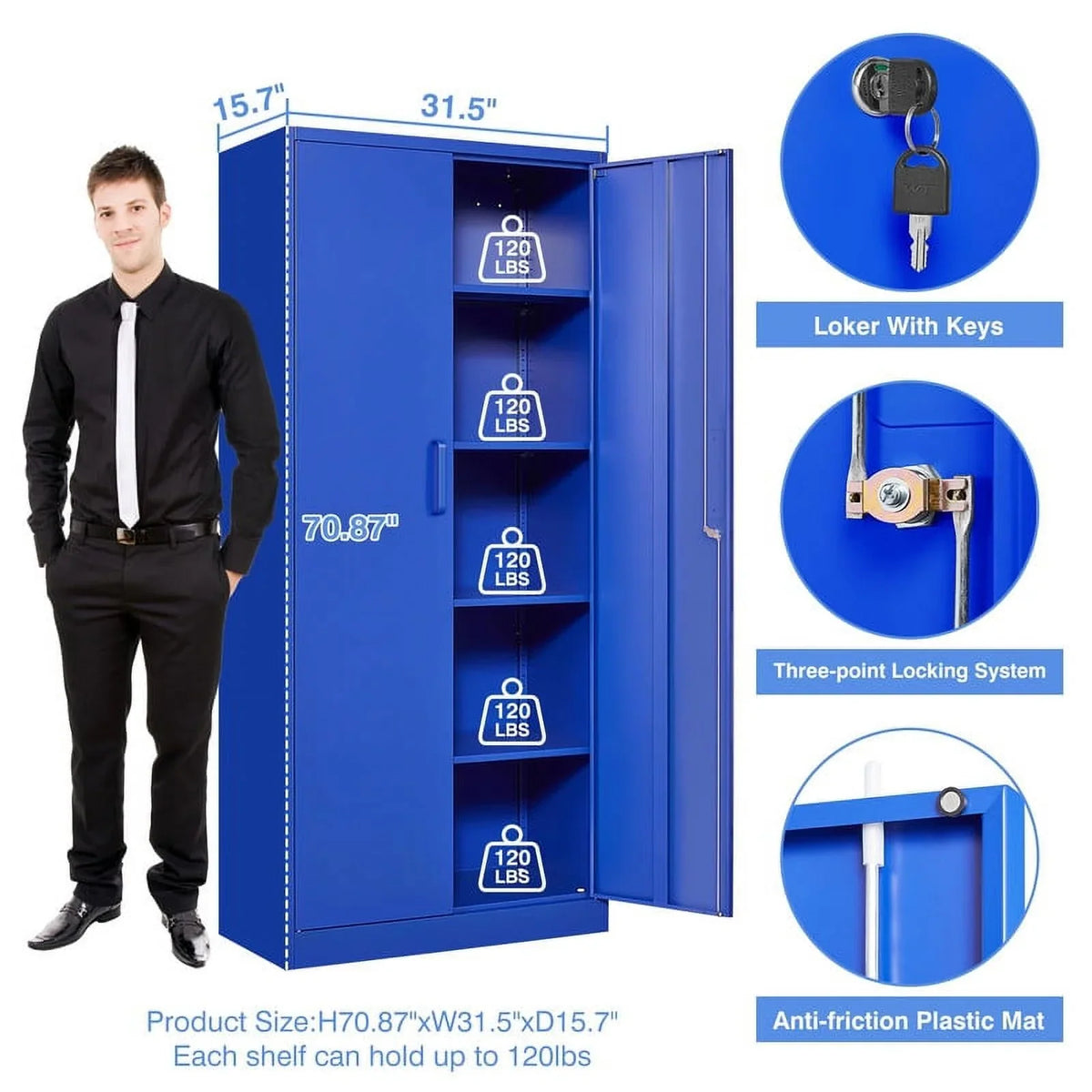 Fesbos Metal Garage Storage Cabinet with 2 Doors and 4 Adjustable Shelves - 71" Steel Lockable File Cabinet,Locking Tool Cabinet for Office,Home,Garage,Gym (Blue)