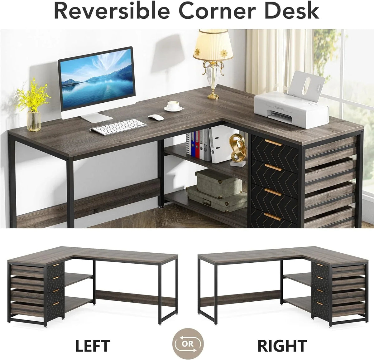 Tribesigns 59" L-Shaped Office Desk, Modern Reversible Computer Study Desk for Home Office, White