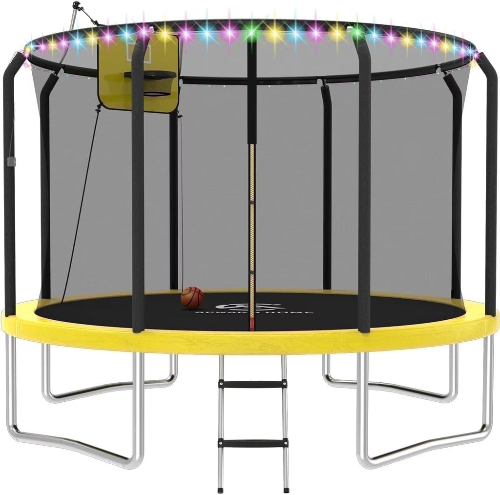 ACWARM HOME 8FT Trampoline with Enclosure Net,Basketball Hoop,Ladder, Light,Outdoor Heavy Duty Round,Purple
