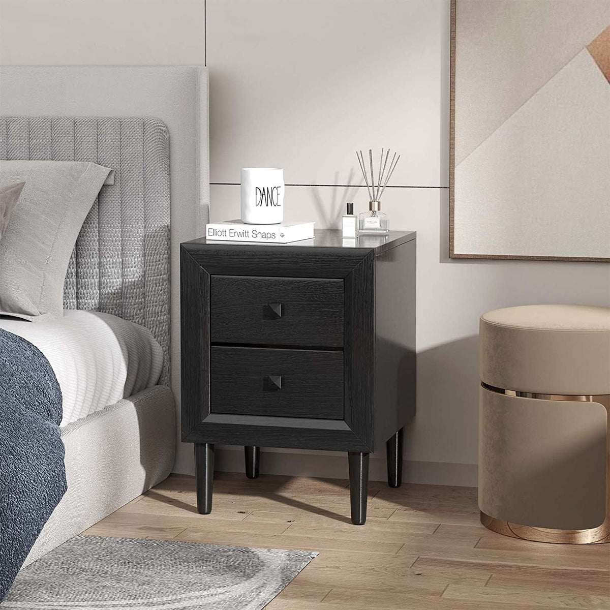 RONOVIA Black Nightstand Set of 2, Fully-Assembled 2-Drawer Bedside Tables with Solid Wood Legs for Bedroom, Modern Night Stand Side Table for Small Space Living Room