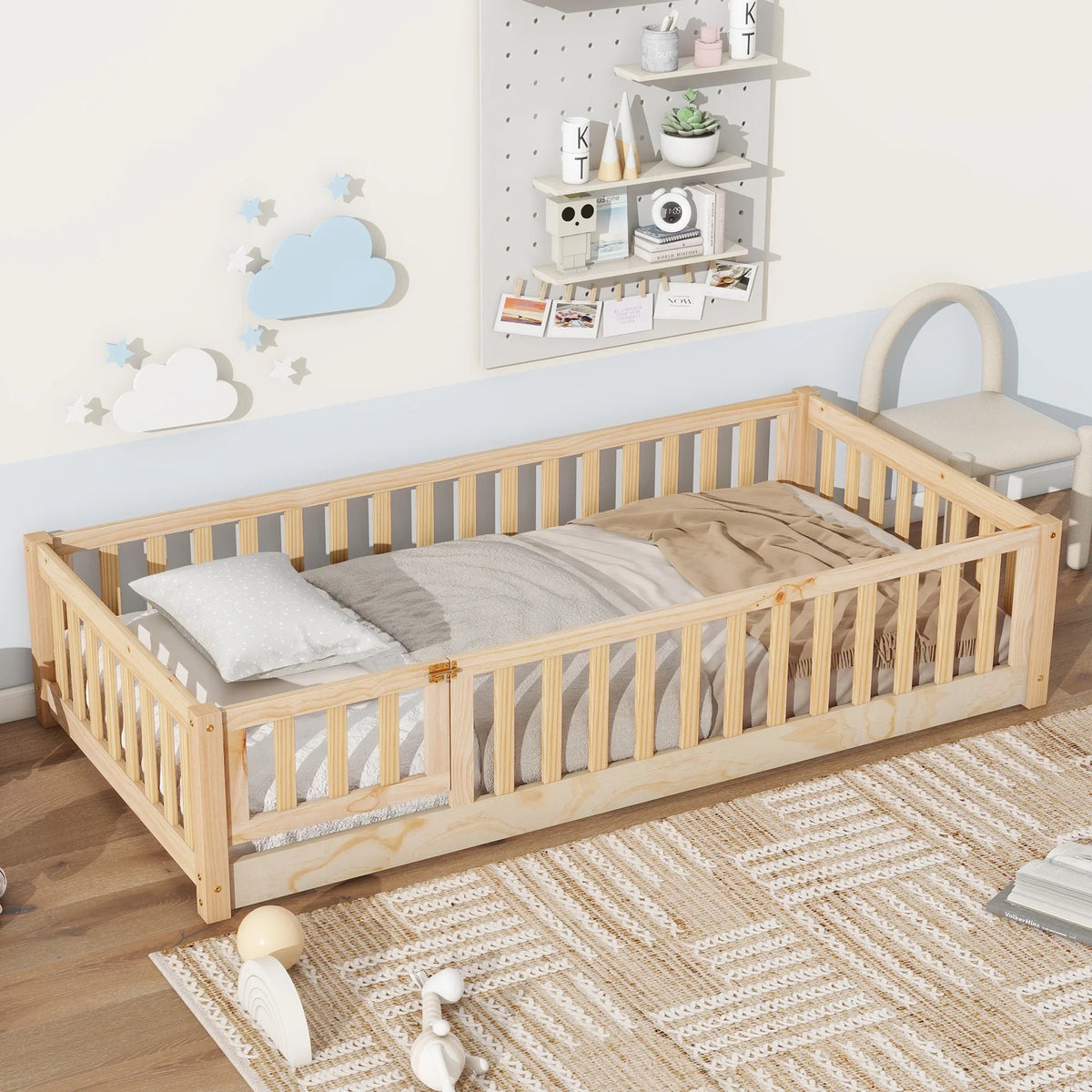PAPROOS Twin Size Floor Bed, Solid Wood Toddler Bed with Slat, Fence Guardrail and Door, No Box Spring Needed, Montessori Bed, Twin Bed for Kids, Boys, Girls, Gray