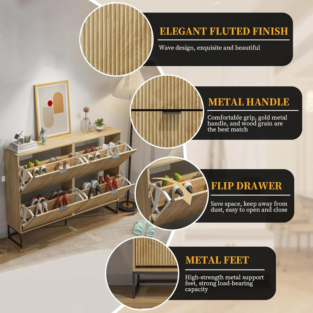 Oubayajia Modern Shoe Storage Cabinet, Wood Shoe Rack Organizer with 2 Flip Drawers, Freestanding Narrow Shoe Cabinet for Entryway Hallway, Natural