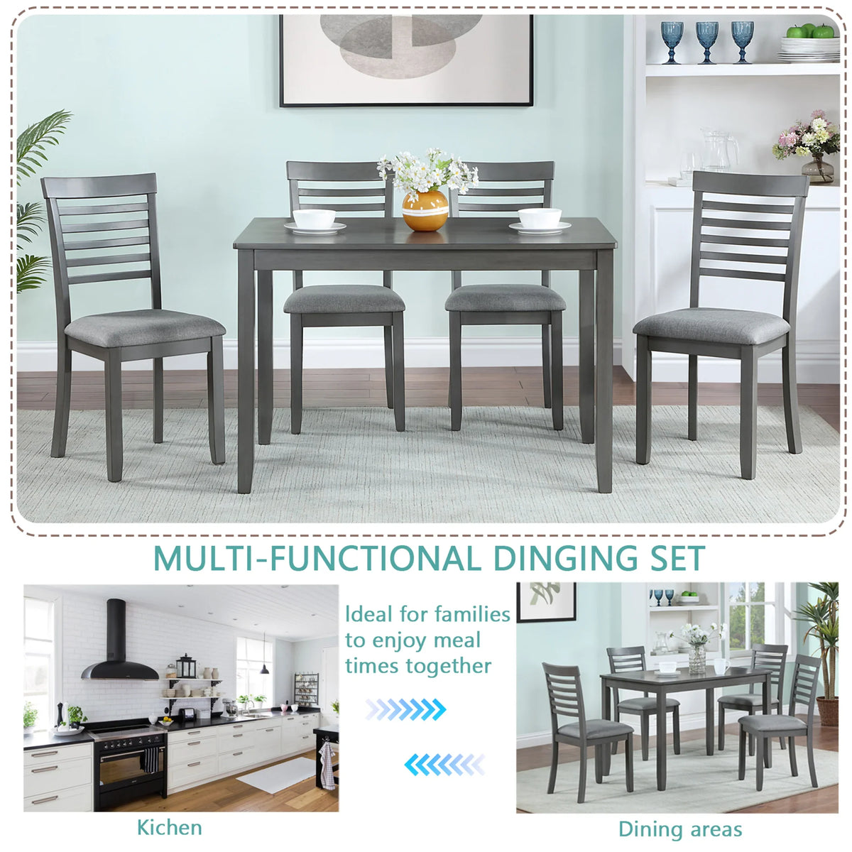Sesslife 5 Piece Dining Set with One Rectangle Table and 4 Upholstered Chairs for 4 Persons, Dining Room Table Set for Small Place(Table+4 Chairs)