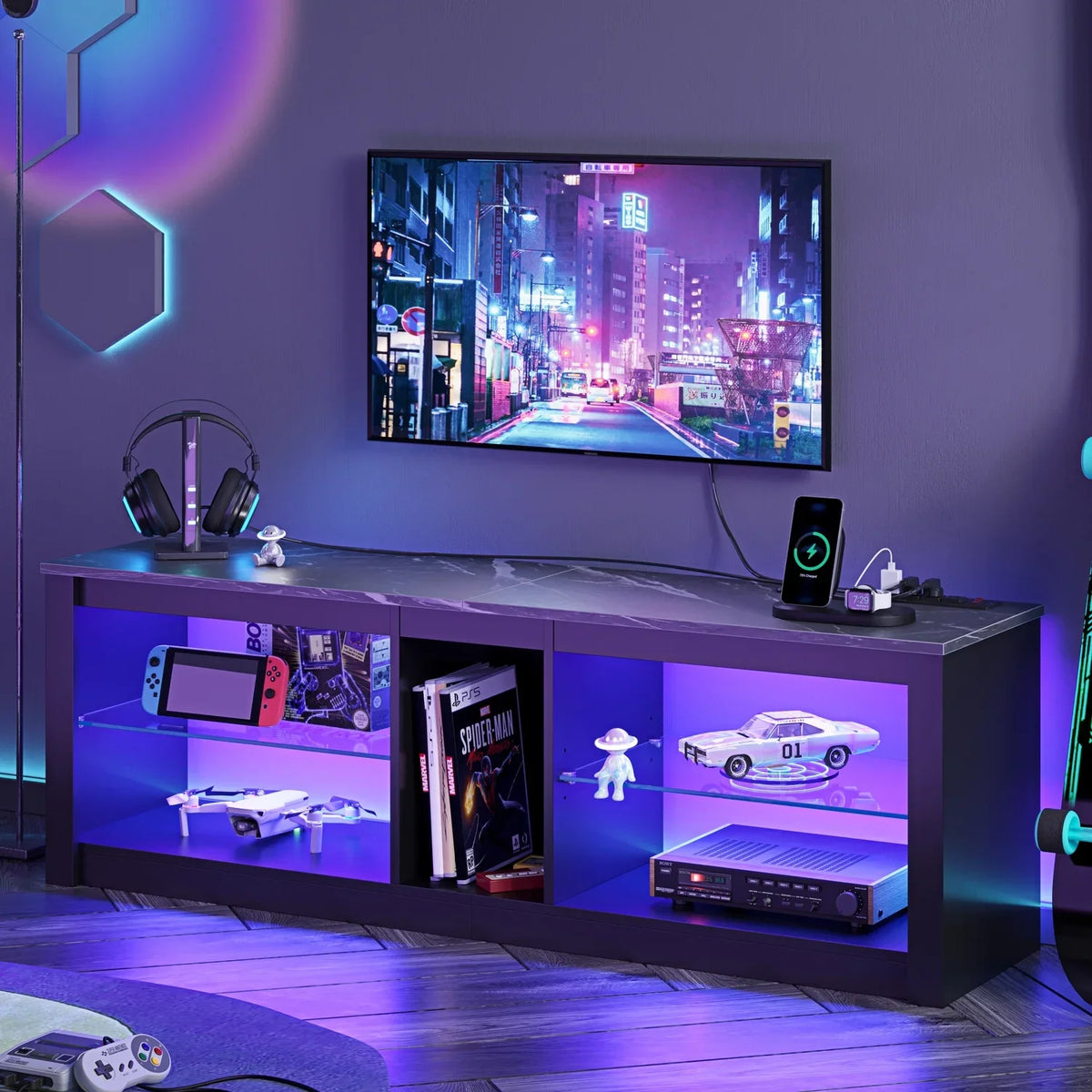 Bestier Entertainment Center with LED Lights TV Stand Media Console Table for TVs up to 60" in Light Grey