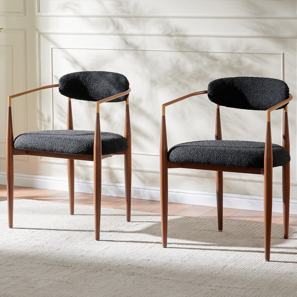 Set of 2 White Boucle Upholstered Dining Chair, Wood Grain Metal Frame Accent Chair for Kitchen Restaurant - Fortmok