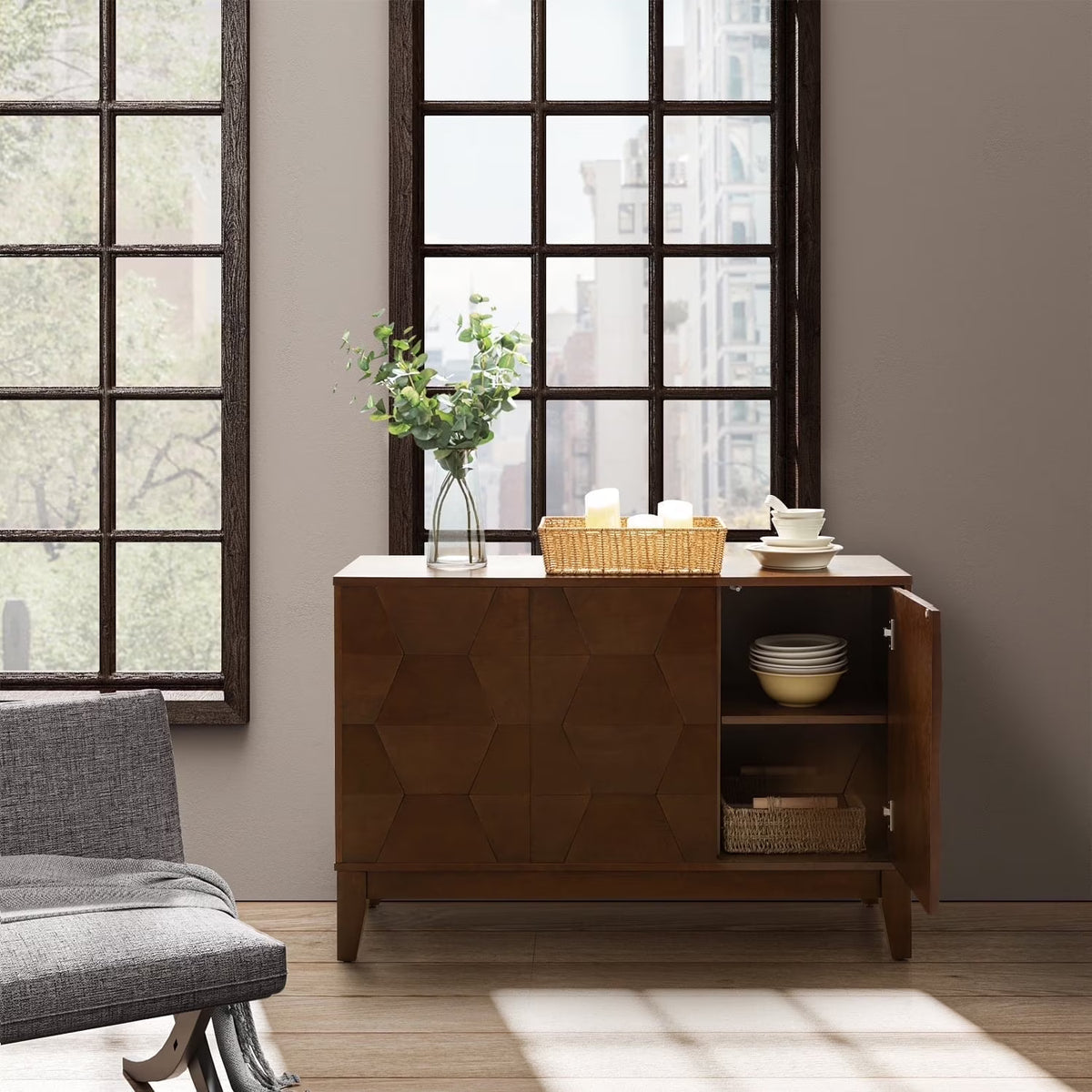Wooden 45" Sideboard Buffet Cabinet 2 Doors with Adjustable Shelves Living Room Entryway Bedroom Walnut