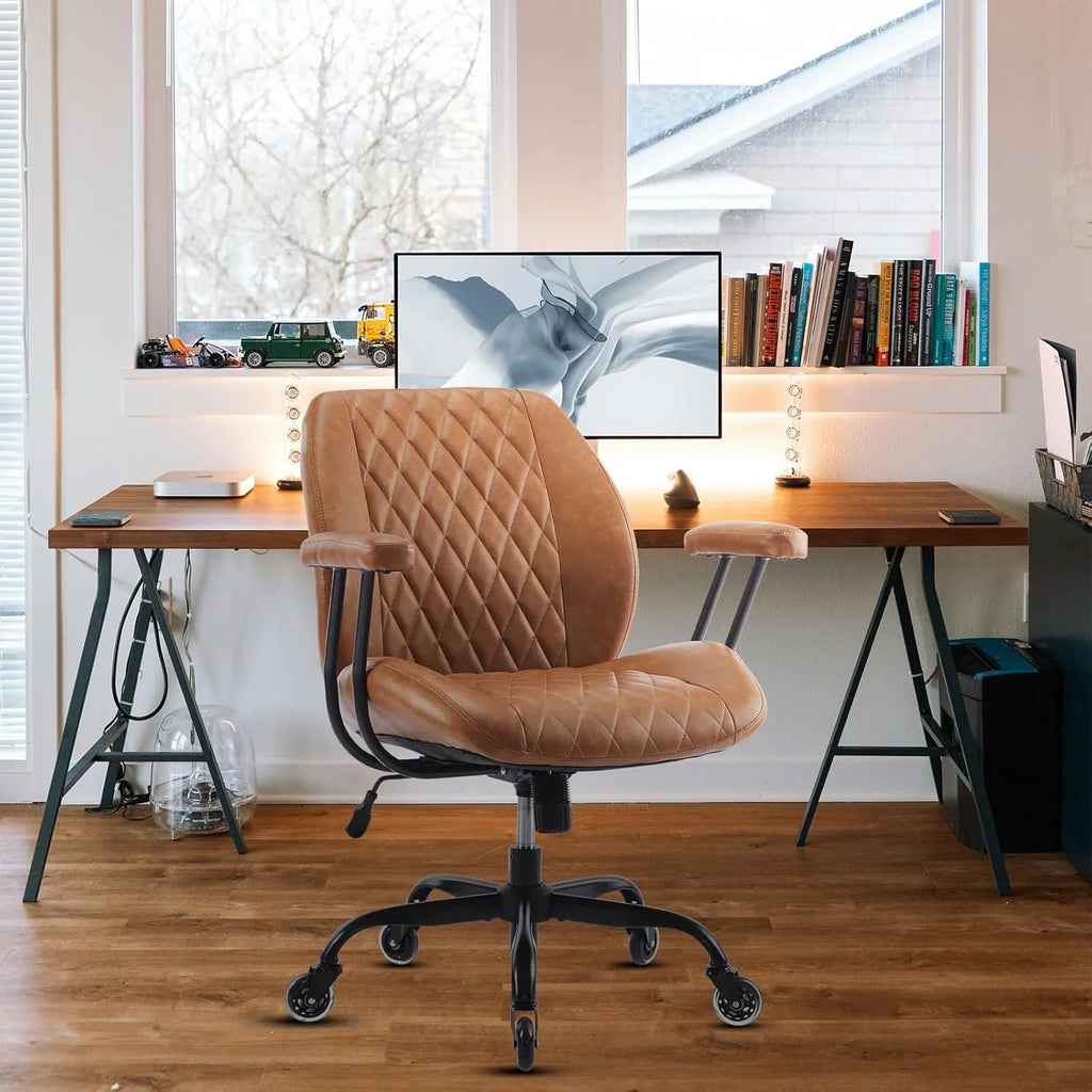 QW Home Office Desk Chair Office Rubber Casters Ergonomic Computer Chair with Lumbar Support Adjustable Height Rolling Swivel Executive Task Armrests Chair. Brown Leather