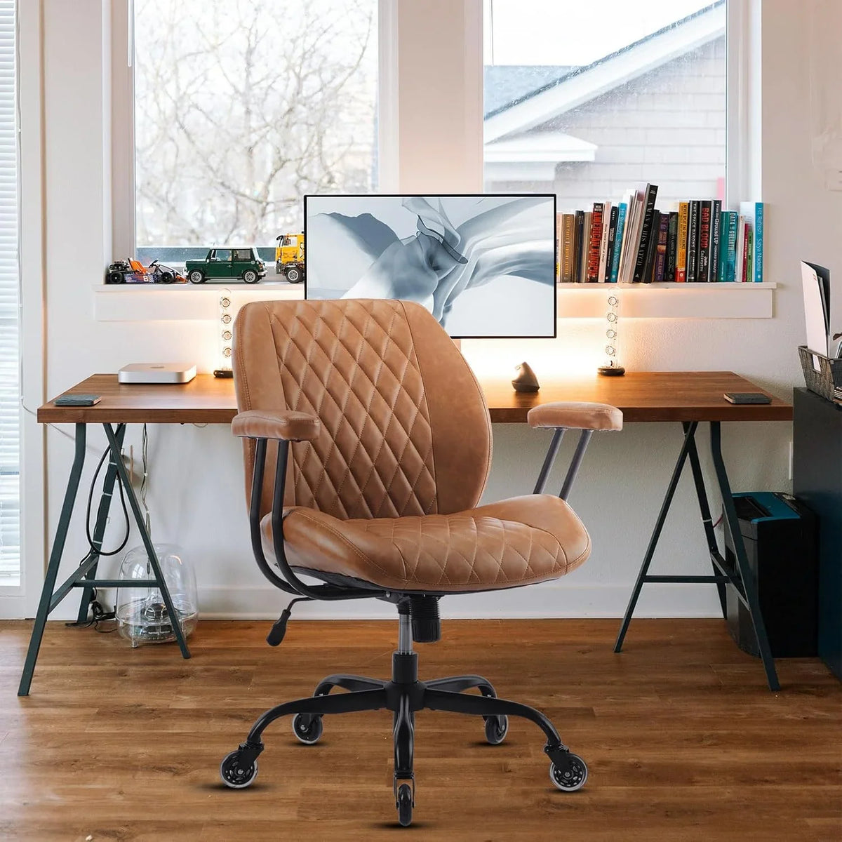 QW Home Office Desk Chair Office Rubber Casters Ergonomic Computer Chair with Lumbar Support Adjustable Height Rolling Swivel Executive Task Armrests Chair. Brown Leather