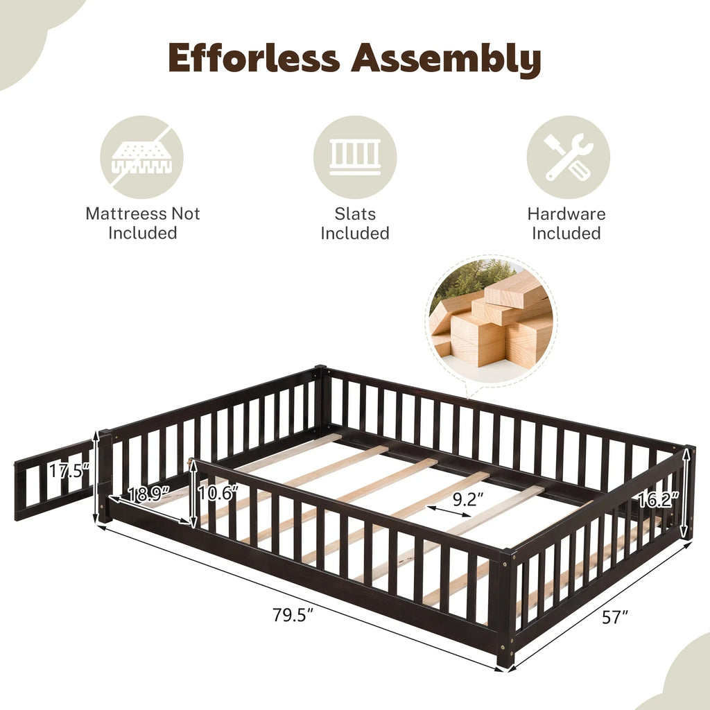 PAPROOS Twin Size Floor Bed, Solid Wood Toddler Bed with Slat, Fence Guardrail and Door, No Box Spring Needed, Montessori Bed, Twin Bed for Kids, Boys, Girls, Gray