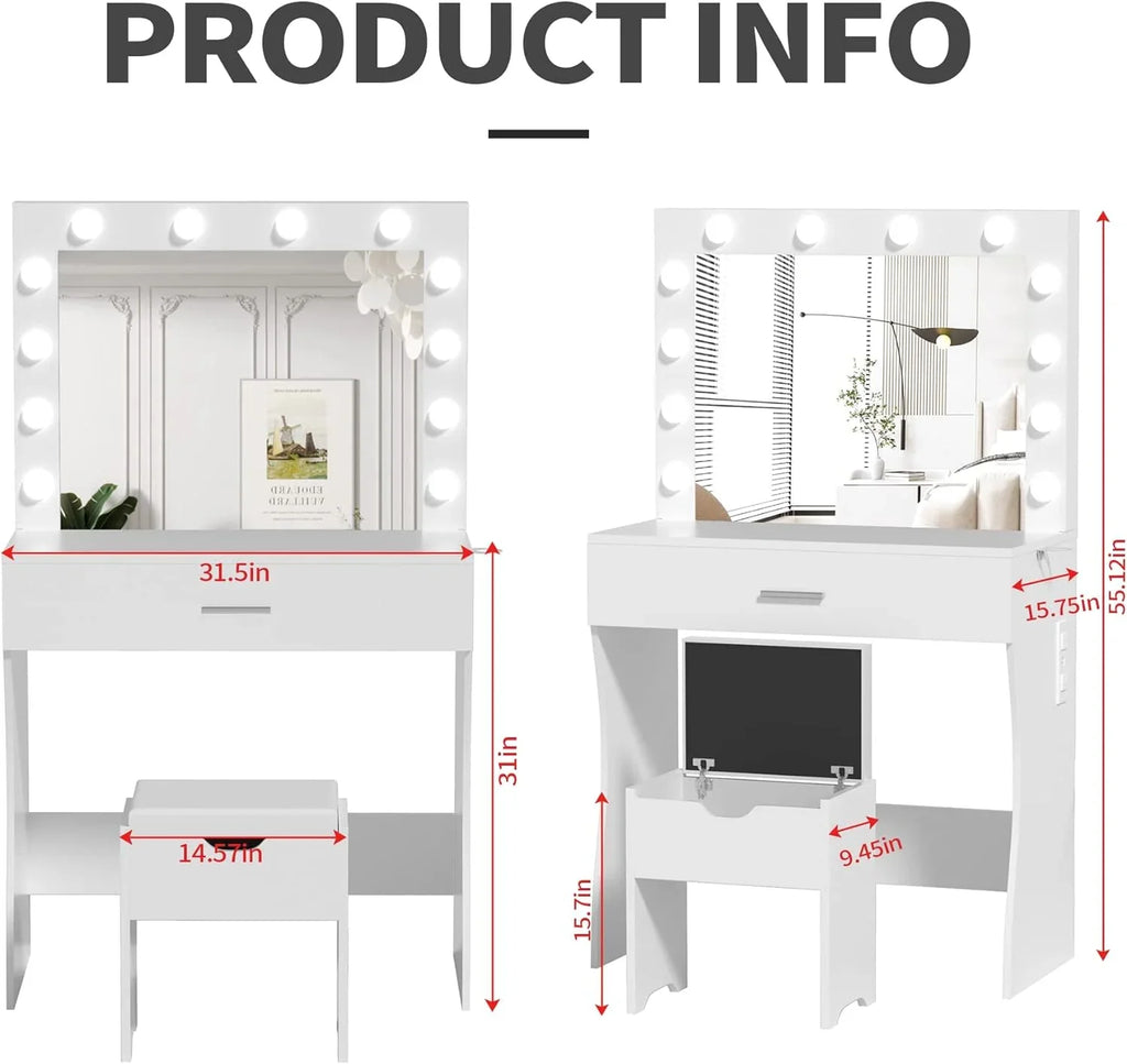 Vanity Table Set with Lighted Mirror,Makeup Vanity with Lights, Large Drawer Sturdy Wood Vanity, White