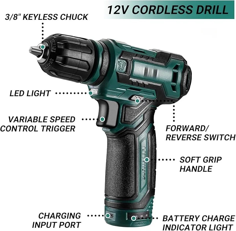 MY Tool Set: 12V Cordless Drill Kit with Hand Toolbox and Storage Case, Mechanic Tool Set for Home Repairs, Portable Power Drill and Tools, Green
