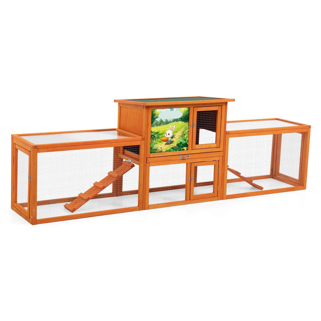 COZIWOW 94'' Wooden Large Rabbit Hutch with Pull Guinea Pig House Chincken Coop Gray