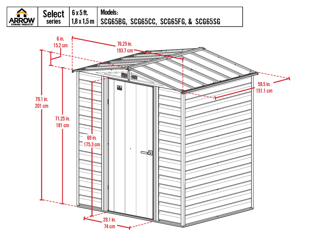 Arrow Select Steel Storage Shed Steel Storage Shed, 6x5, Charcoal