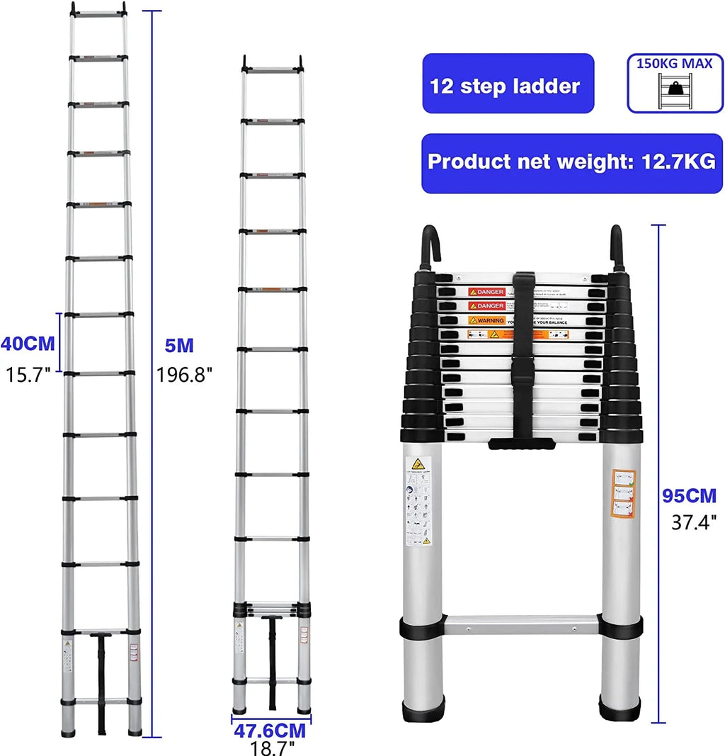 Jupiter Multi-Purpose Telescoping Extension Ladder with 2 Detachable Hooks, 20 ft, Aluminum Silver