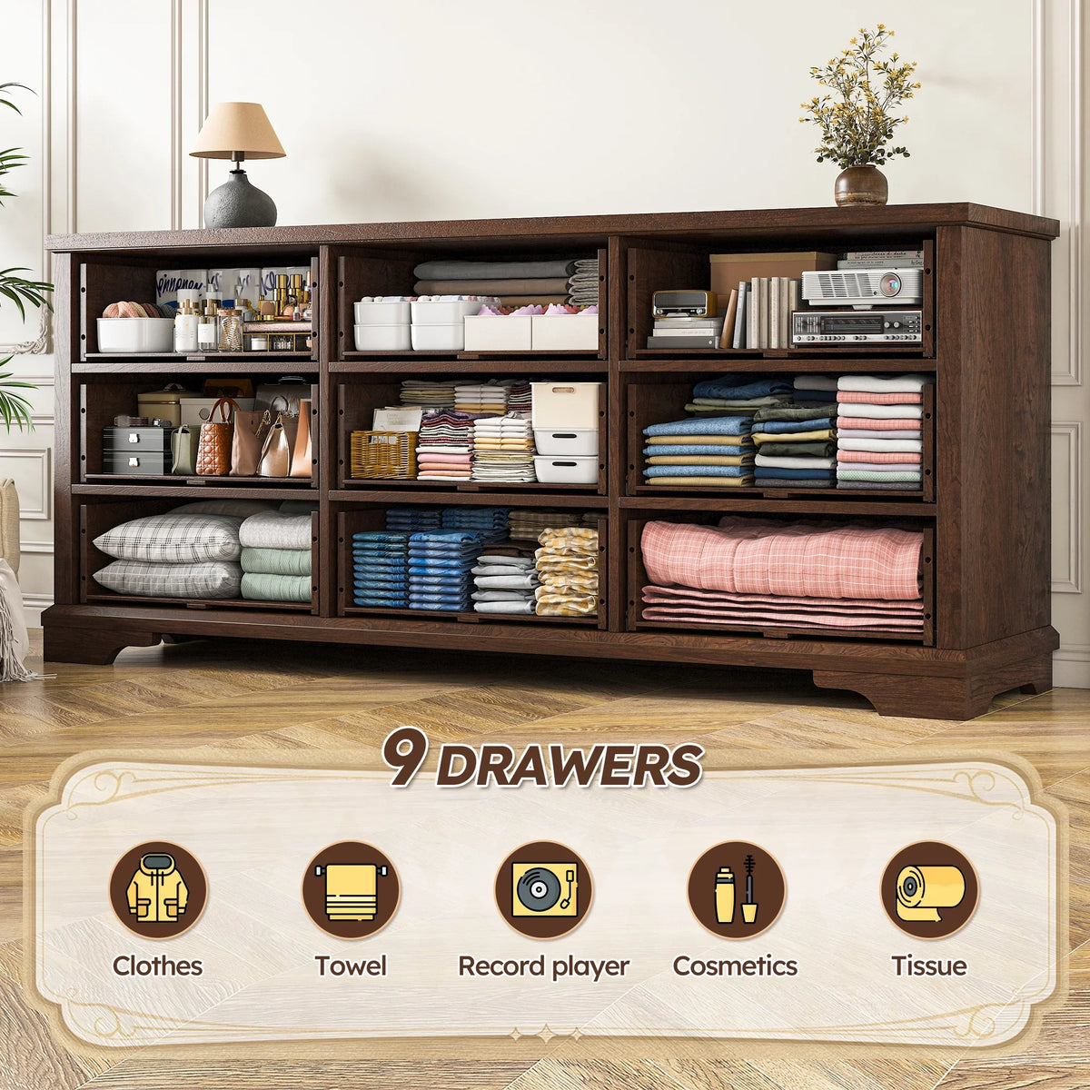 EnHomee Wood Dresser for Bedroom 9 Drawer Dressers&Chest of Drawers 63"L x 15.7"W x 31.5"H,Brown