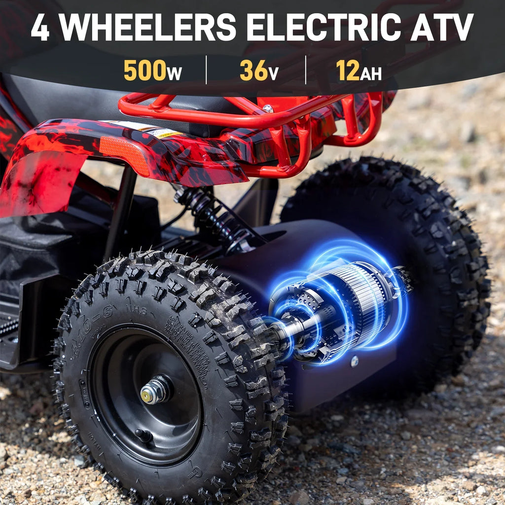 Aoemoe 500W 36V Battery-Powered Ride-On Off-Road 4-Wheeler �C 15 Mile Range, Flame