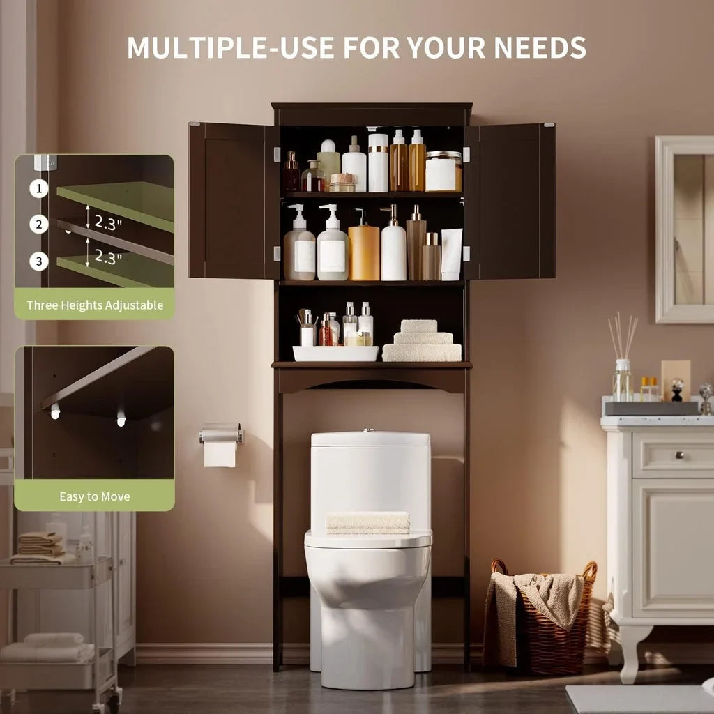Aiho 66.1" over the Toilet Storage Cabinet with Adjustable Shelf and Open Storage Shelf, Freestanding - White