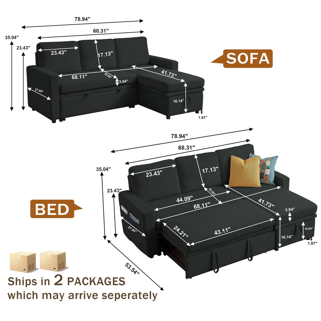 Pingliang Home Pull Out Sleeper Sofa Bed Sectional Sofa with Storage Chaise,L Shaped Sectionals Couches with Side Pockets,Modern Linen Reversible Sofa Couch for Living Room Apartment Office Studio