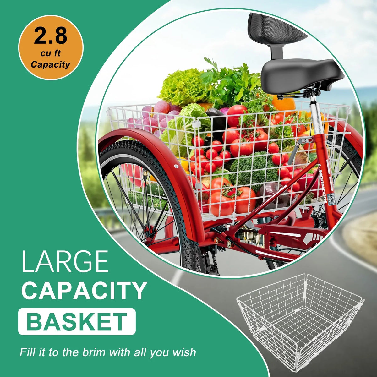 MOONCOOL Adult Tricycles with Rear Basket & Inflator, 24 26 inch 7 Speed 3 Wheel Bikes, Three-Wheeled Bicycles Adult Trike with Backrest for Seniors, Women, Men
