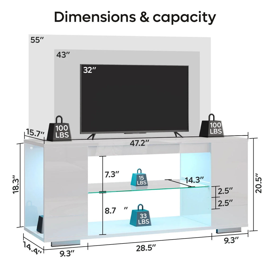 Pinmoco 47'' TV Stand for TVs up to 55", Gaming Entertainment Center with LED Lights, Black