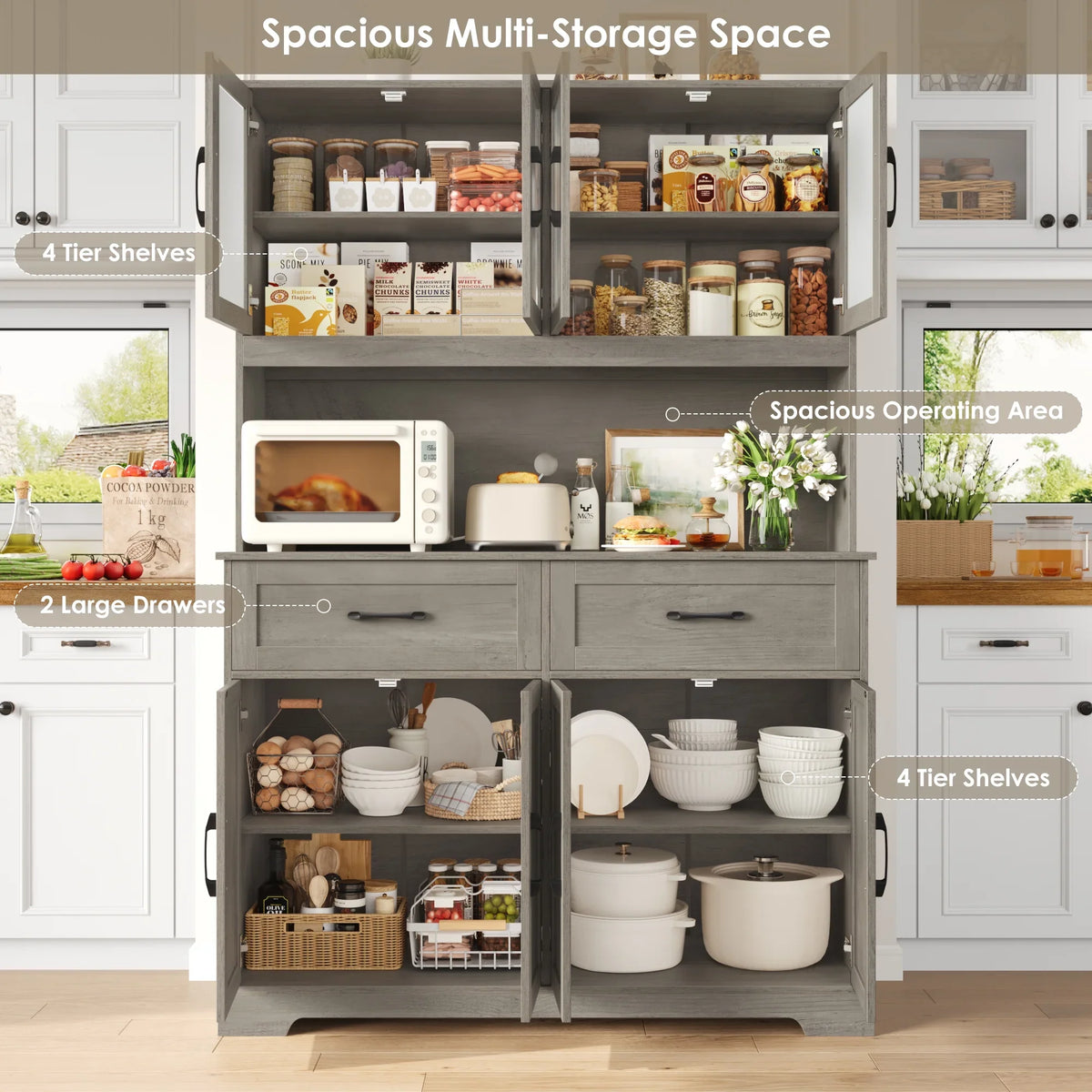 Homfa 71'' Tall 2 Drawer Kitchen Pantry Buffet Hutch, 4 Door Freestanding Cupboard Storage Cabinet, White