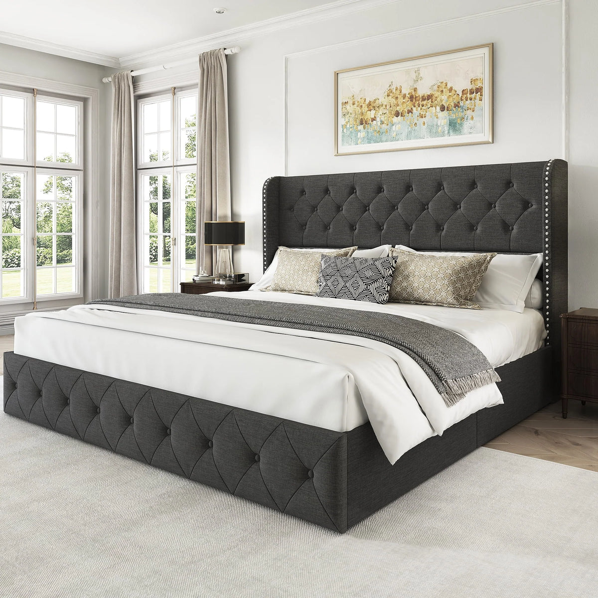 LARMACE Queen Size Platform Bed Frame with 4 Storage Drawers and Tufted Headboard Linen Upholstered Bed Wingback Bed Frame with Wooden Slats Support, Easy Assembly, Light Grey