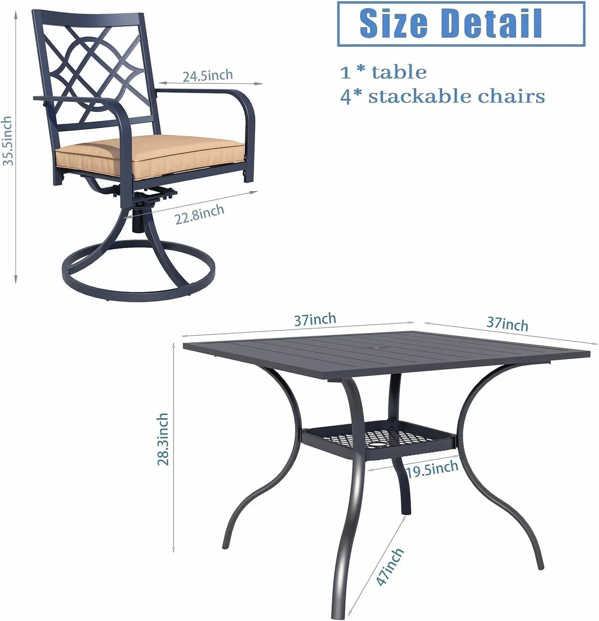 SUNCROWN 5-Piece Outdoor Wrought Iron Chairs and Table Patio Dining Furniture Set - 4 Stackable Metal Chairs, 1 Steel Slat Bistro Table and 1 Sky Blue 9Ft Patio Umbrella for Garden Backyard Deck