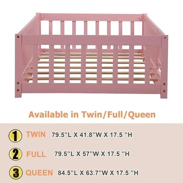 Bellemave Twin Size Floor Beds, Wood Montessori Bed with Fence Railings & Support Slats, No Box Spring Needed (Gray"