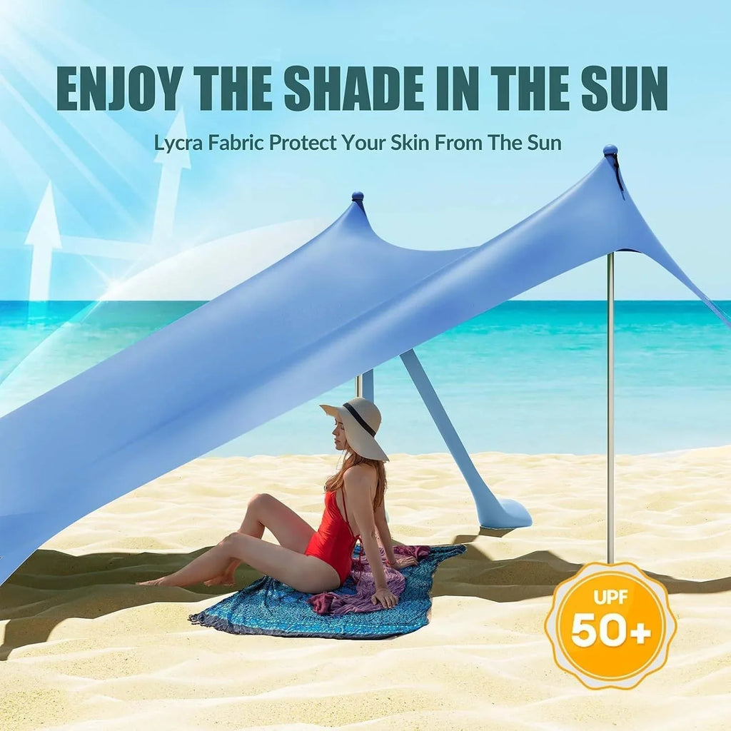 Beach Tent Canopy with 8 Sandbags 4 Aluminum Poles, Pop Up Portable Camping Sun Shelter, Easy Set Up with 2 Sand Shovel, Ground Pegs, Carrying Bag for Outdoor Beach,Picnic, Fishing