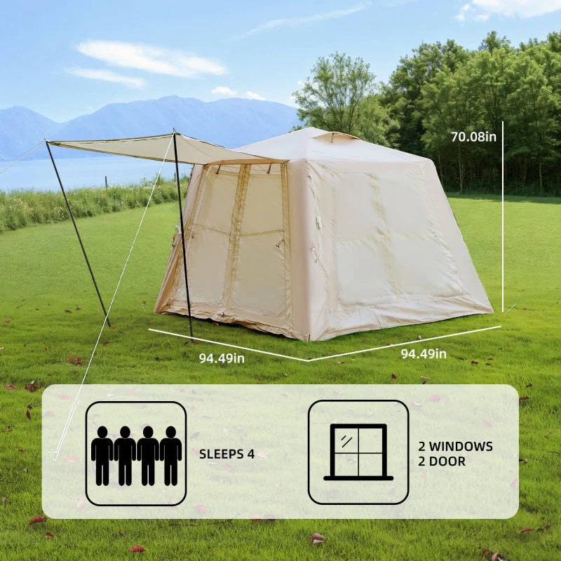 Beige 5.76 �O Inflatable Camping Tent (4-Season: Canopy+Hand Pump, 2-3 Person Waterproof Oxford, Easy Setup Glamping Tent)
