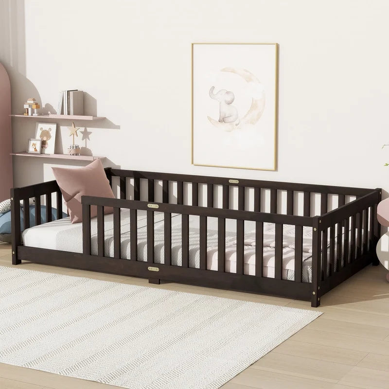 Bellemave Twin Size Floor Beds, Wood Montessori Bed with Fence Railings & Support Slats, No Box Spring Needed (Gray"