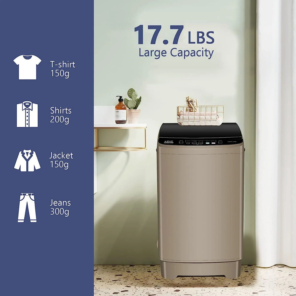 Full-Automatic Washing Machine, Portable Laundry Washer, Compact 17.7 lbs, LED Display, Drain Pump, 10 Wash Programs 8 Water Levels