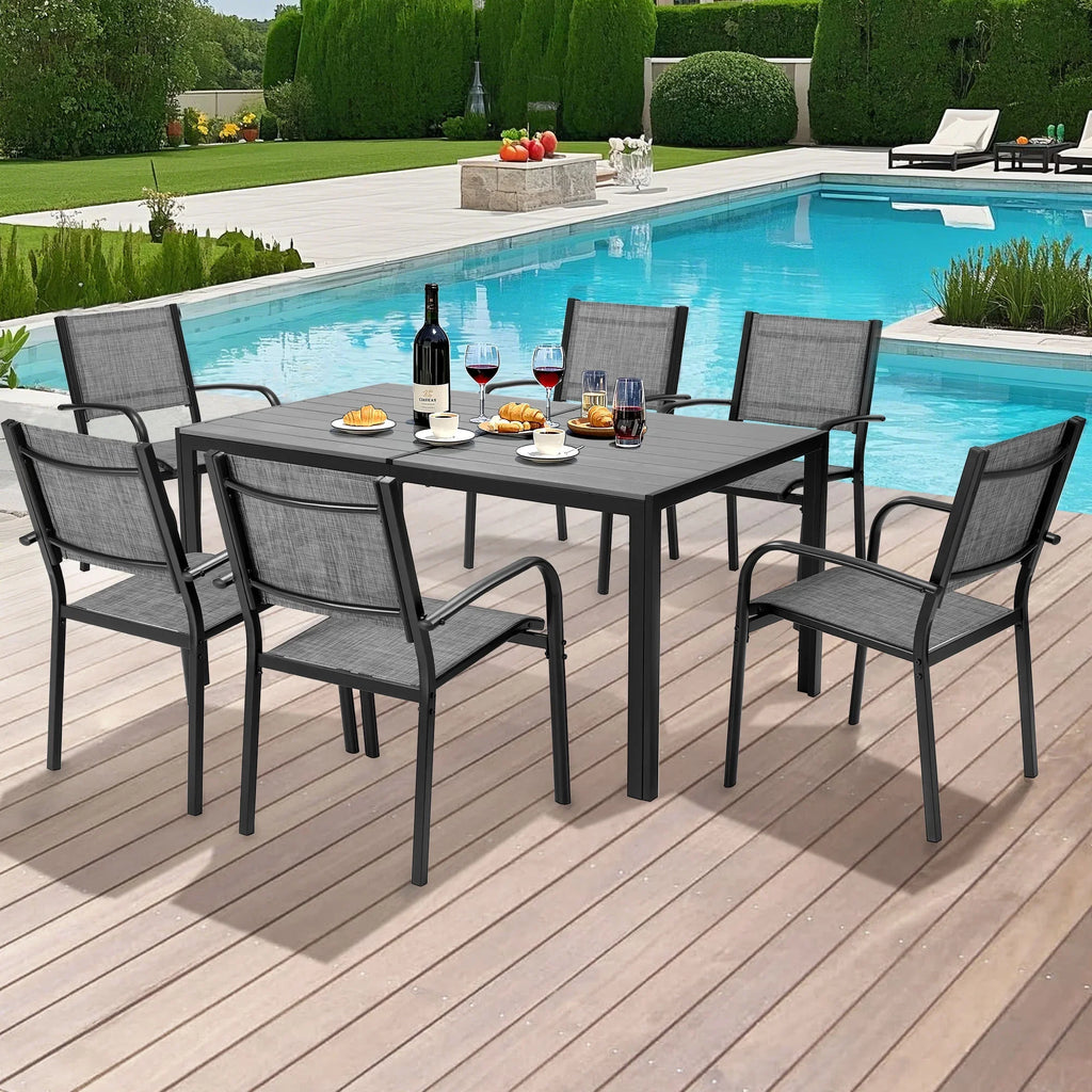 Seizeen 7-Piece Outdoor Table and Chairs, Patio Table Set with 6 Rattan Chairs, All-weather Outdoor Patio Dining Sets Rectangular Metal Table with Acacia Wood Top, Umbrella Hole, Gray