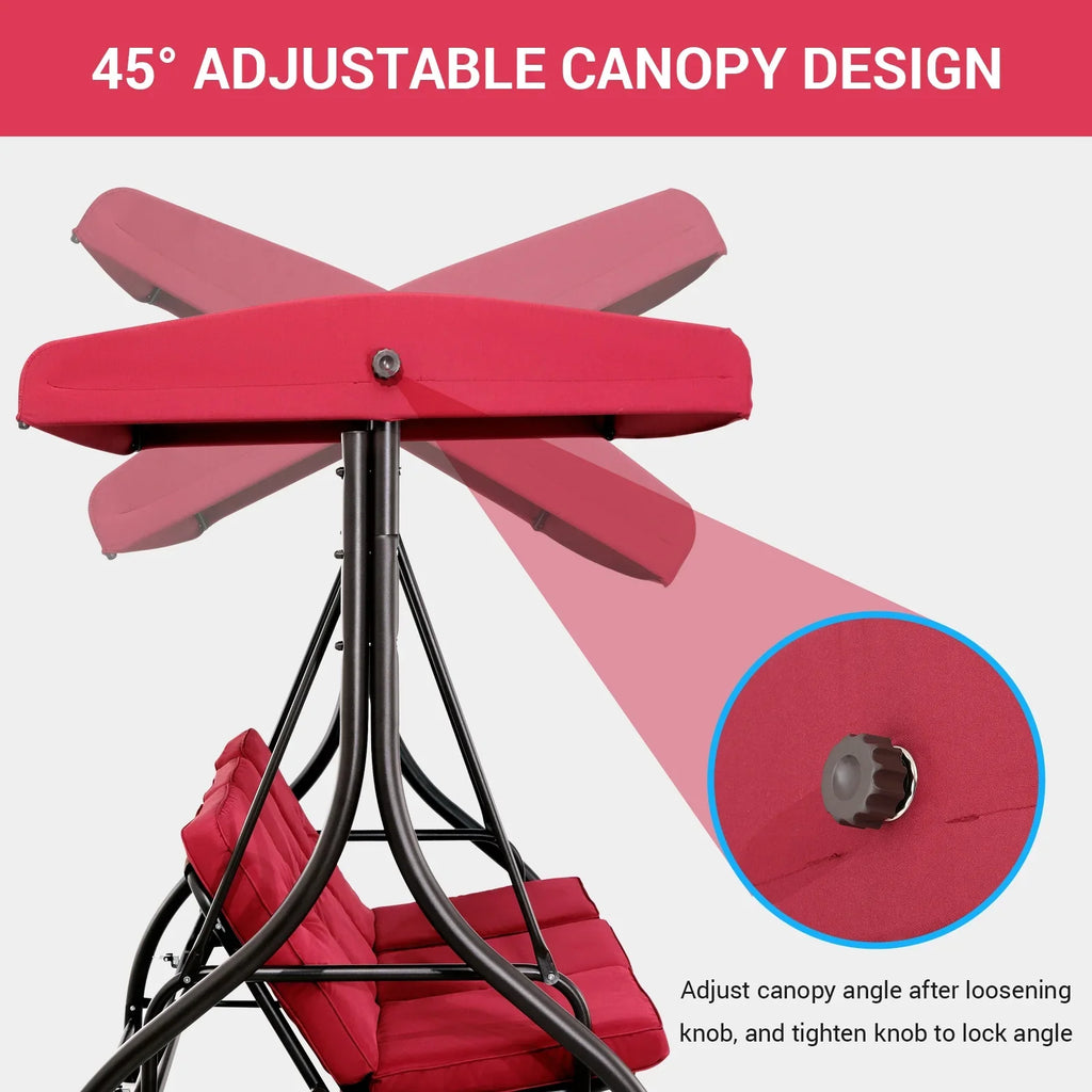 Pirecart 3 Person Patio Porch Swing Outdoor Converting Swing Glider Hammock with Adjustable Canopy, Cushions, Red