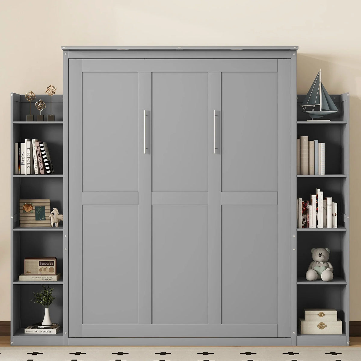Harper & Bright Designs Full Size Murphy Bed with Shelves, Foldable Wall Bedframe w/Flexible Slats Support, Space-Saving Design, Can Be Folded Into Cabinet, White